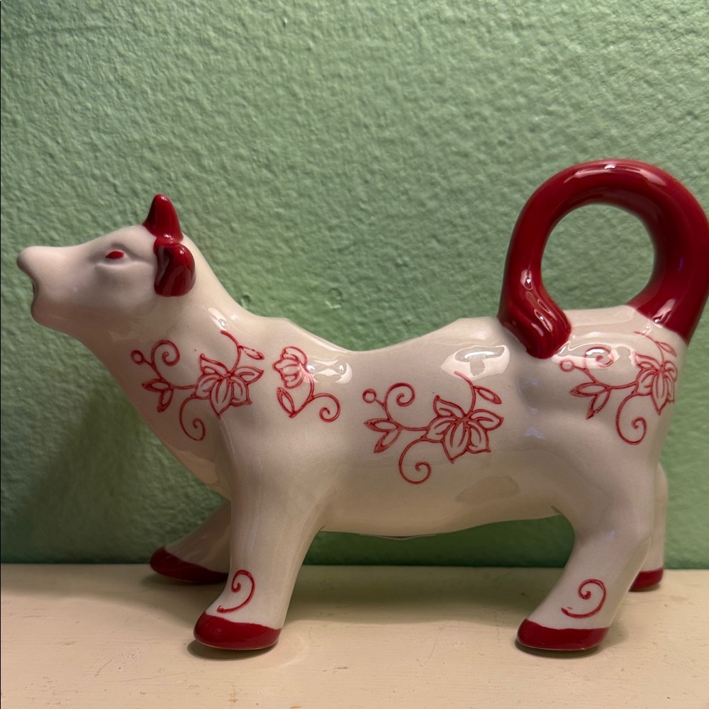 Ceramic Cow Creamer with Red Floral Design 7”  #18